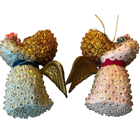 Vtg Sequin Push Pin Christmas Ornament Angel Blue Boy Pink Girl Brother Sister - Picture 8 of 12